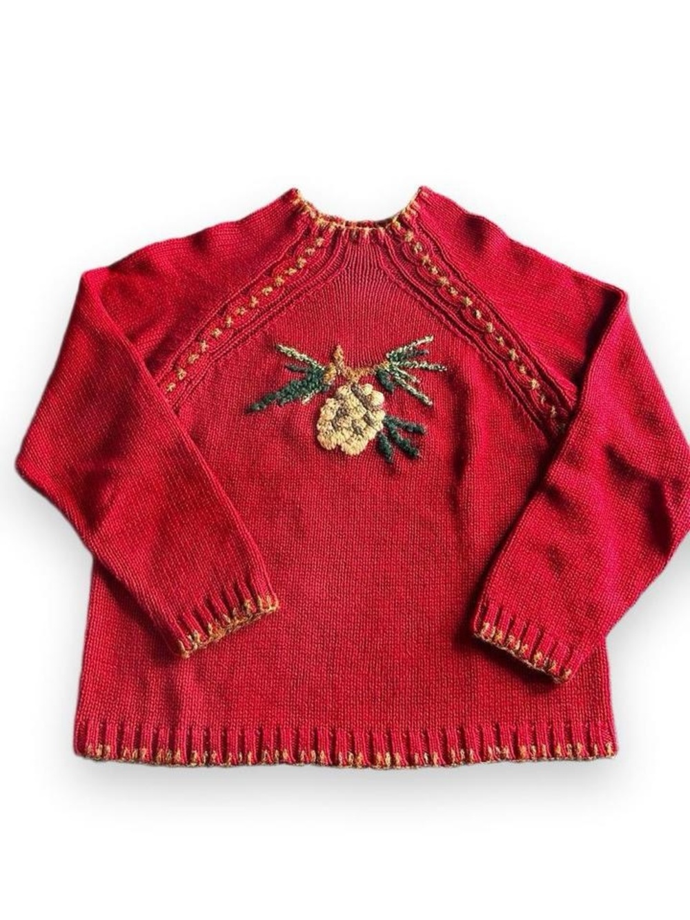 Crimson red cozy pinecone woodland rustic winter knit Coldwater Creek sweater